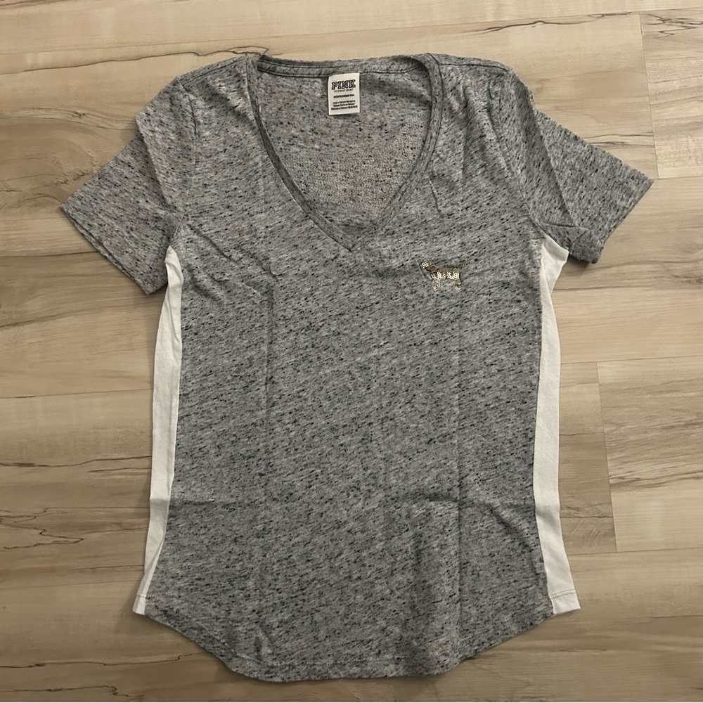 PINK Victoria's Secret Gray T-Shirt Bling Sequin Dog Logo Extra Small
